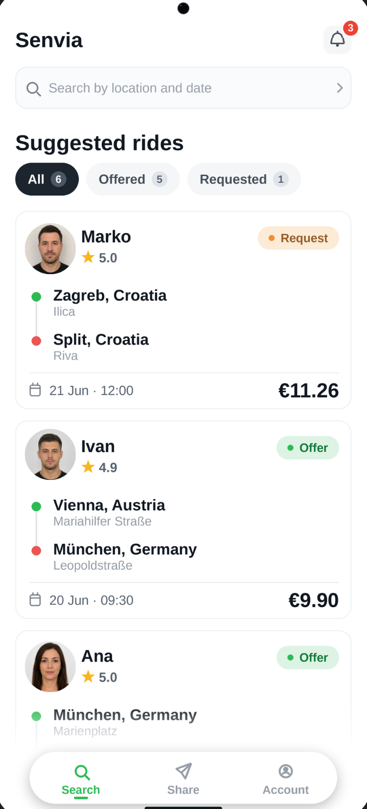 Senvia aplikacija, predložene vožnje