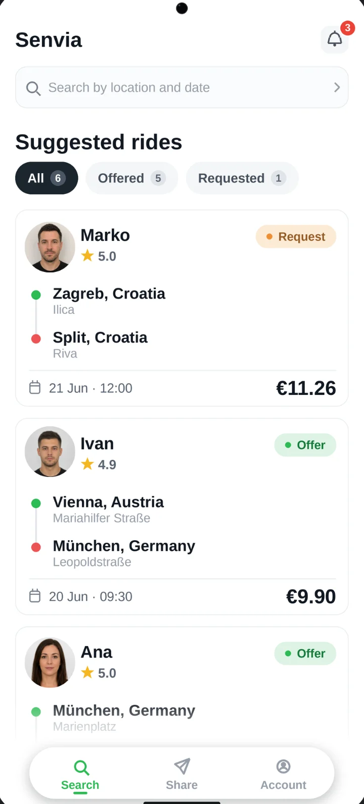 Senvia aplikacija, pregled dostupnih vožnji s ocjenama vozača i cijenom prijevoza